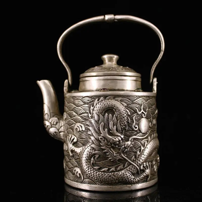 Chinese Brass Silver Lucky Dragon pattern Teapot Wine Pot Flagon kettle Statue