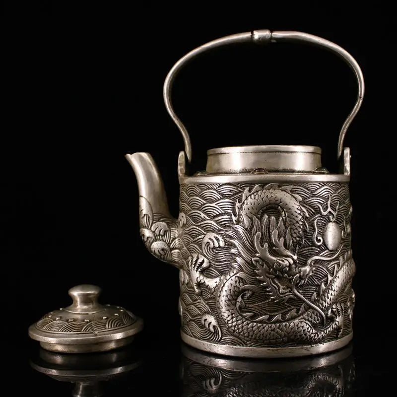Chinese Brass Silver Lucky Dragon pattern Teapot Wine Pot Flagon kettle Statue