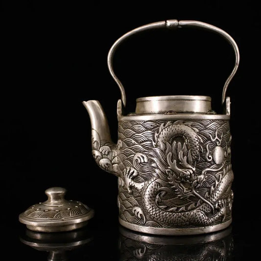 Chinese Brass Silver Lucky Dragon pattern Teapot Wine Pot Flagon kettle Statue