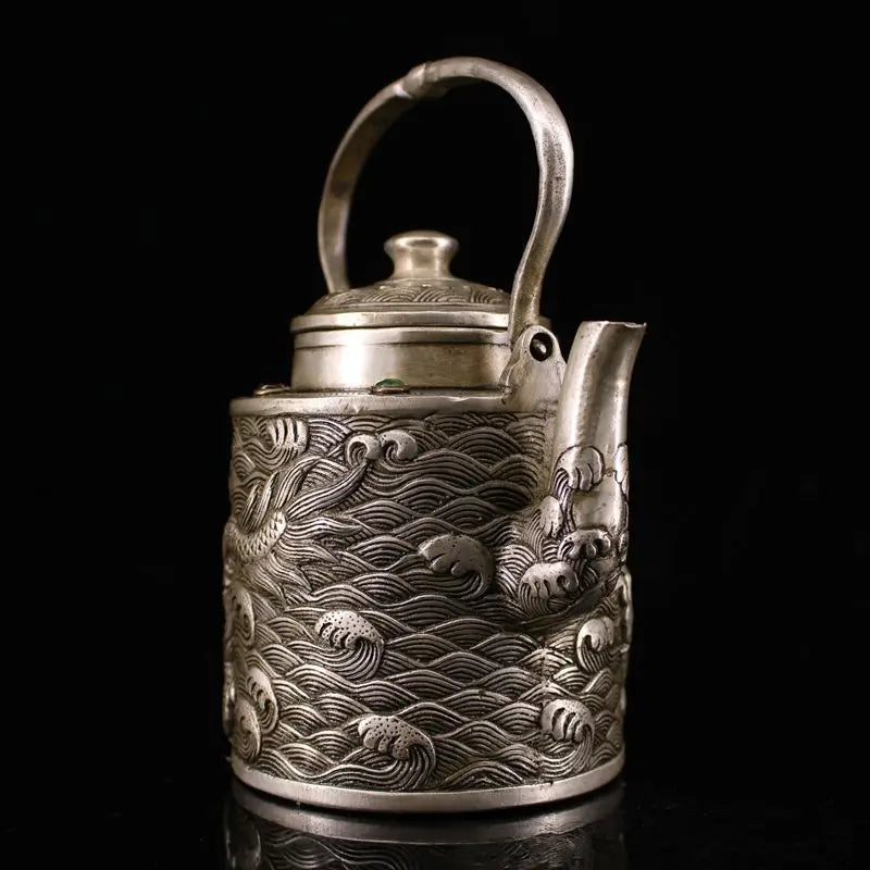 Chinese Brass Silver Lucky Dragon pattern Teapot Wine Pot Flagon kettle Statue