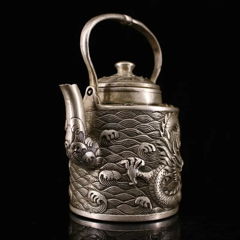 Chinese Brass Silver Lucky Dragon pattern Teapot Wine Pot Flagon kettle Statue