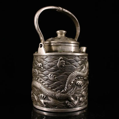 Chinese Brass Silver Lucky Dragon pattern Teapot Wine Pot Flagon kettle Statue