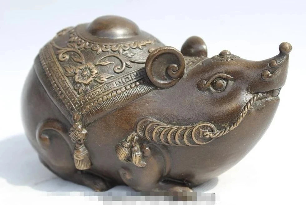 Chinese Bronze Copper carved Feng Shui Lucky Coin Money wealth mouse