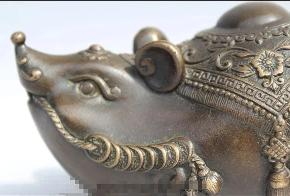 Chinese Bronze Copper carved Feng Shui Lucky Coin Money wealth mouse