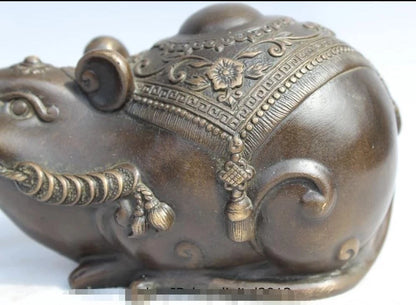 Chinese Bronze Copper carved Feng Shui Lucky Coin Money wealth mouse