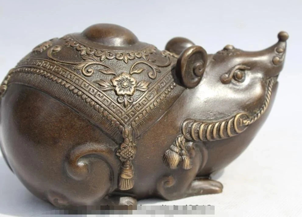 Chinese Bronze Copper carved Feng Shui Lucky Coin Money wealth mouse