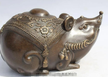 Chinese Bronze Copper carved Feng Shui Lucky Coin Money wealth mouse