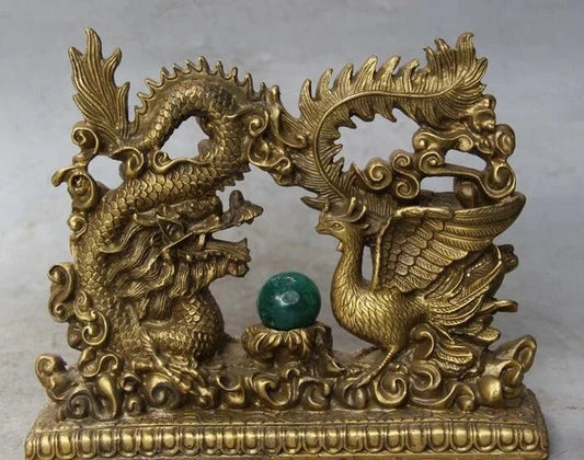 Chinese Bronze Fengshui Emperor Royalty Dragon Phoenix Sculpture Statue