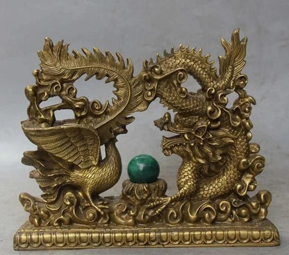 Chinese Bronze Fengshui Emperor Royalty Dragon Phoenix Sculpture Statue