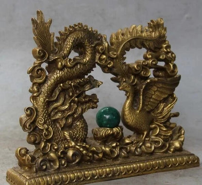 Chinese Bronze Fengshui Emperor Royalty Dragon Phoenix Sculpture Statue