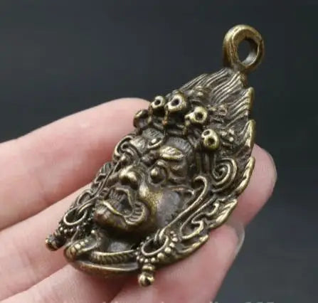 Chinese Bronze Tantra Mahakala Wrathful Deity Amulet Pendant Buddha Head Pendant Exorcise Evil Spirits Statue Auspicious Amulet
