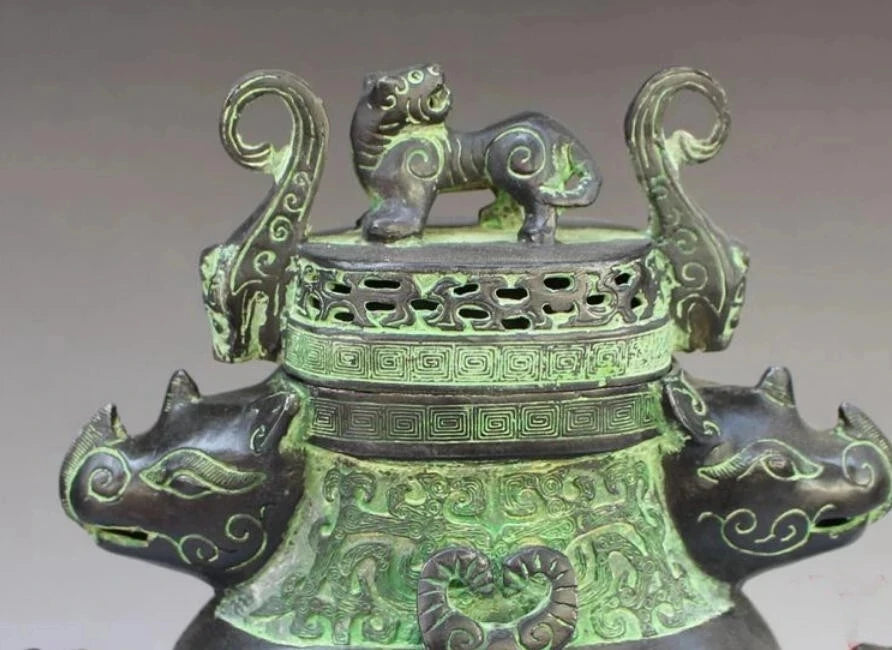 Chinese Bronze rhinoceros head beast head incense burner statue