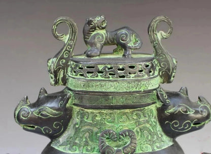 Chinese Bronze rhinoceros head beast head incense burner statue