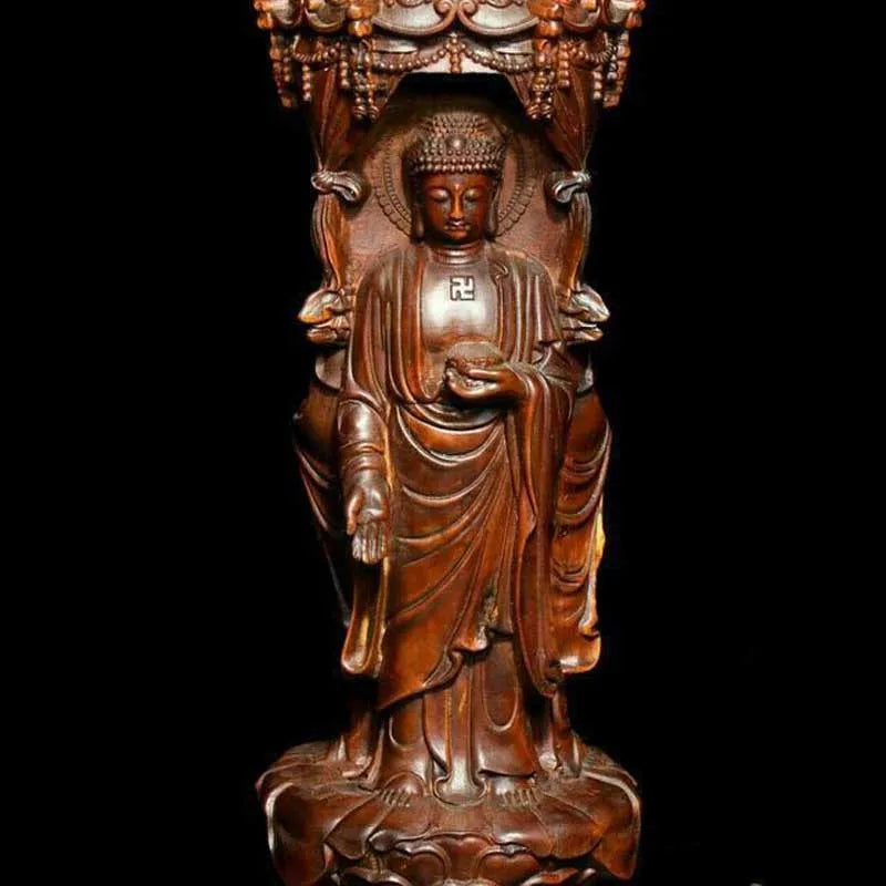 Chinese Buddhism Boxwood Wood Carving Shakyamuni Kwan-yin Guan Yin Buddha Statue