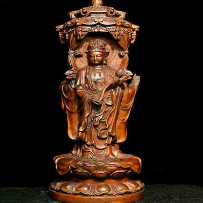 Chinese Buddhism Boxwood Wood Carving Shakyamuni Kwan-yin Guan Yin Buddha Statue