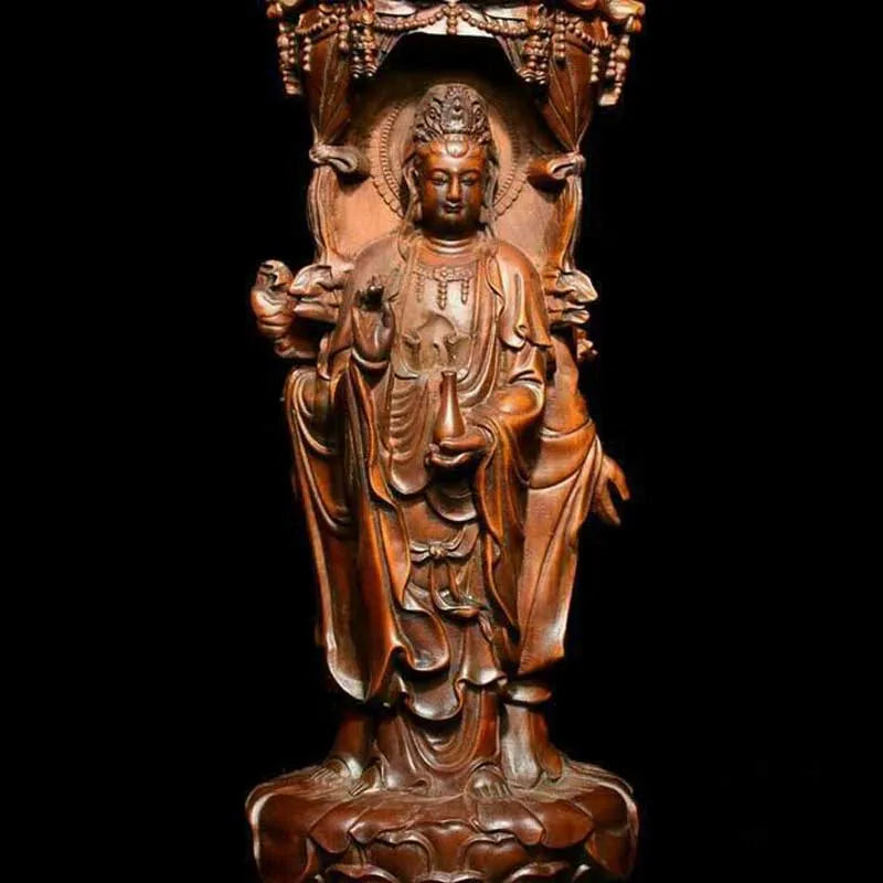 Chinese Buddhism Boxwood Wood Carving Shakyamuni Kwan-yin Guan Yin Buddha Statue
