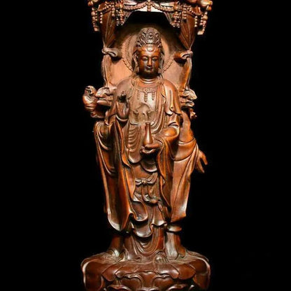 Chinese Buddhism Boxwood Wood Carving Shakyamuni Kwan-yin Guan Yin Buddha Statue