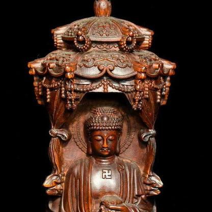 Chinese Buddhism Boxwood Wood Carving Shakyamuni Kwan-yin Guan Yin Buddha Statue