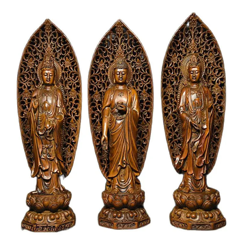 Chinese Buddhism Boxwood Wood Shakyamuni Kwan-yin Guan Yin 3et 3 Buddha Statue