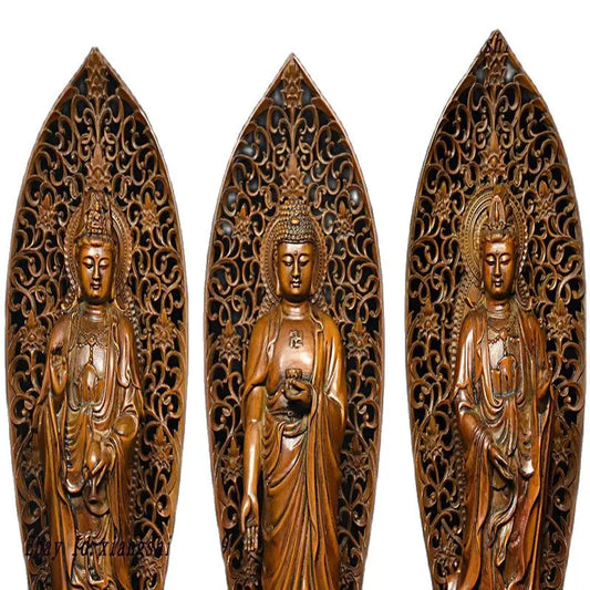 Chinese Buddhism Boxwood Wood Shakyamuni Kwan-yin Guan Yin 3et 3 Buddha Statue
