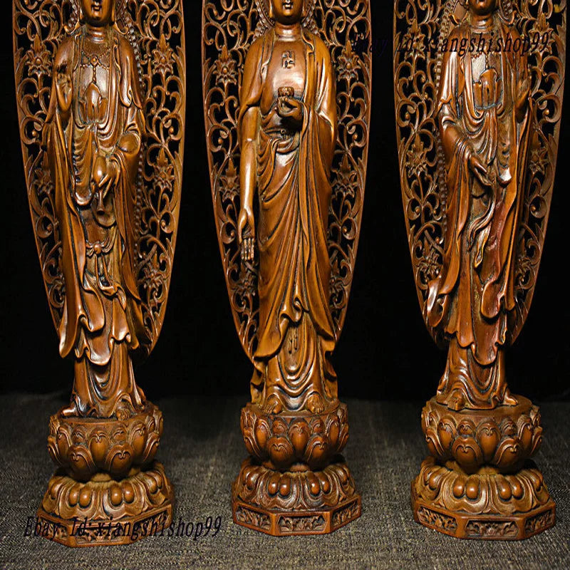 Chinese Buddhism Boxwood Wood Shakyamuni Kwan-yin Guan Yin 3et 3 Buddha Statue