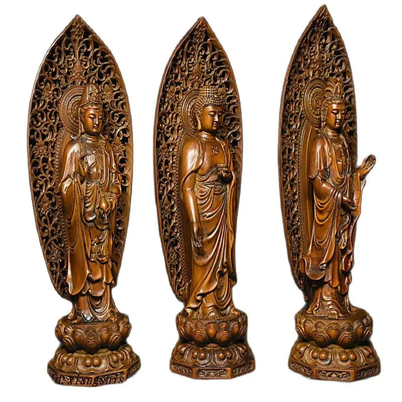 Chinese Buddhism Boxwood Wood Shakyamuni Kwan-yin Guan Yin 3et 3 Buddha Statue