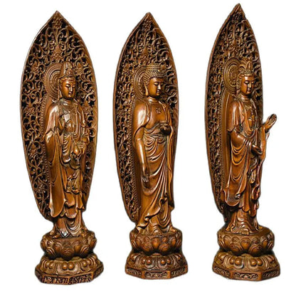 Chinese Buddhism Boxwood Wood Shakyamuni Kwan-yin Guan Yin 3et 3 Buddha Statue
