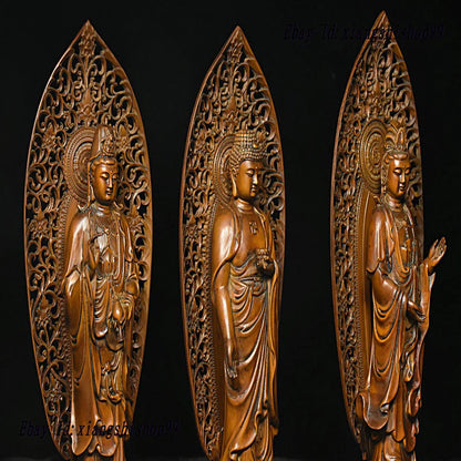 Chinese Buddhism Boxwood Wood Shakyamuni Kwan-yin Guan Yin 3et 3 Buddha Statue