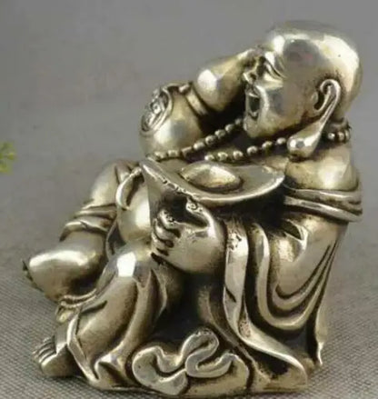 Chinese Buddhism Miao Silver Gourd Yuanbao Happy Laugh Maitreya Buddha Statue