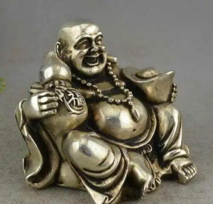Chinese Buddhism Miao Silver Gourd Yuanbao Happy Laugh Maitreya Buddha Statue