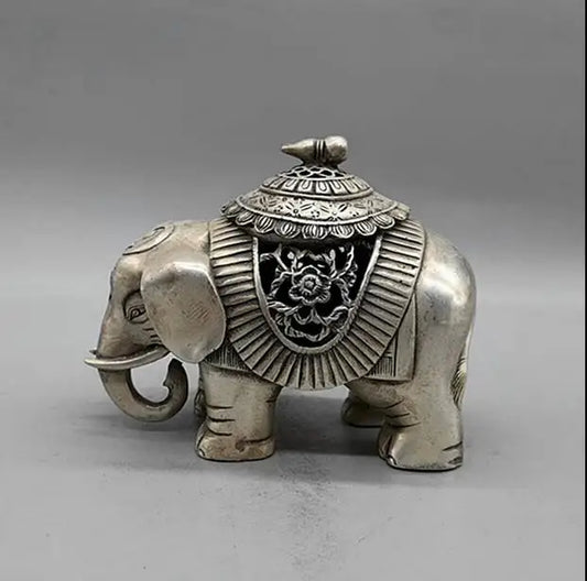 Chinese Buddhism Temple Silver Auspicious Elephant Statue Incense Burner Censer