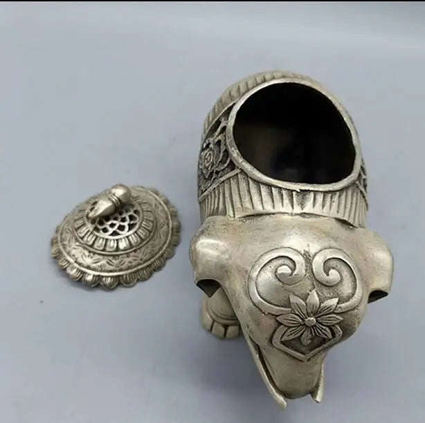 Chinese Buddhism Temple Silver Auspicious Elephant Statue Incense Burner Censer