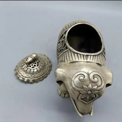 Chinese Buddhism Temple Silver Auspicious Elephant Statue Incense Burner Censer