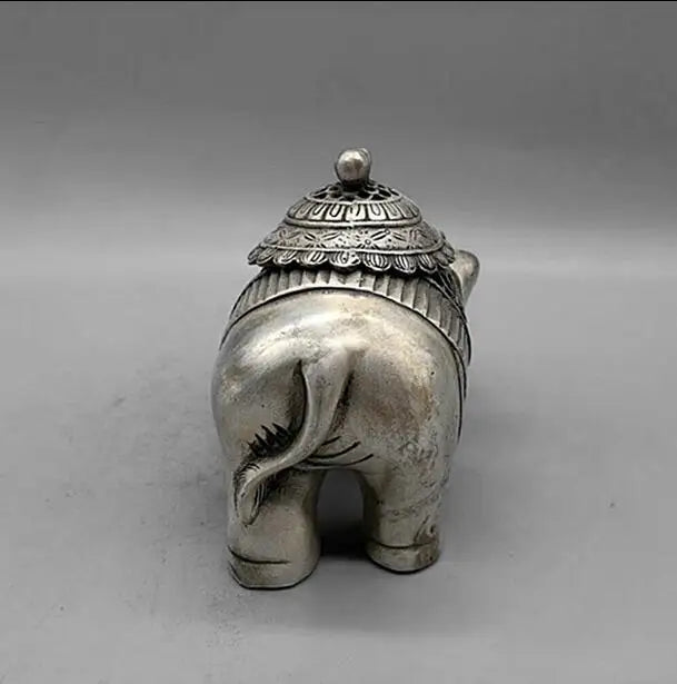 Chinese Buddhism Temple Silver Auspicious Elephant Statue Incense Burner Censer