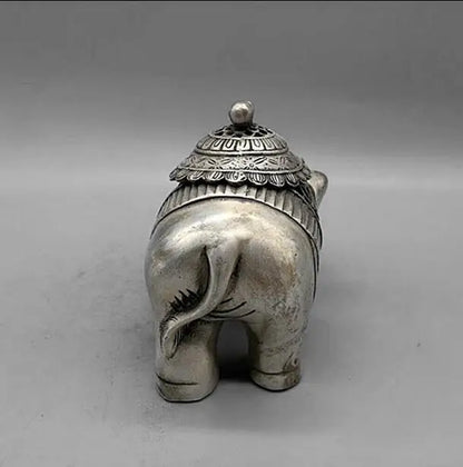 Chinese Buddhism Temple Silver Auspicious Elephant Statue Incense Burner Censer