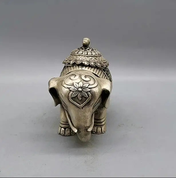 Chinese Buddhism Temple Silver Auspicious Elephant Statue Incense Burner Censer