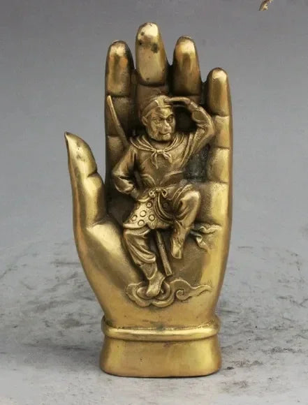 Chinese Buddhism brass Sun WuKong Monkey King Statue In Shakyamuni Buddha Hand
