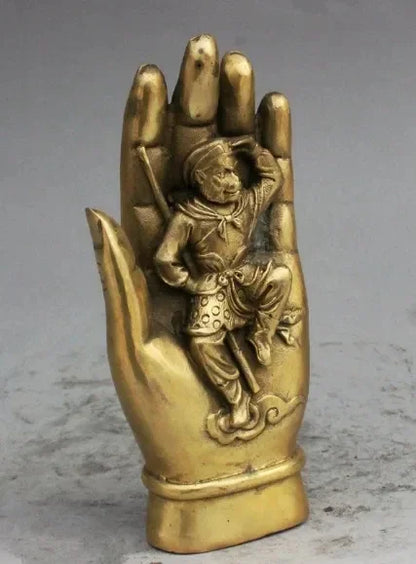 Chinese Buddhism brass Sun WuKong Monkey King Statue In Shakyamuni Buddha Hand