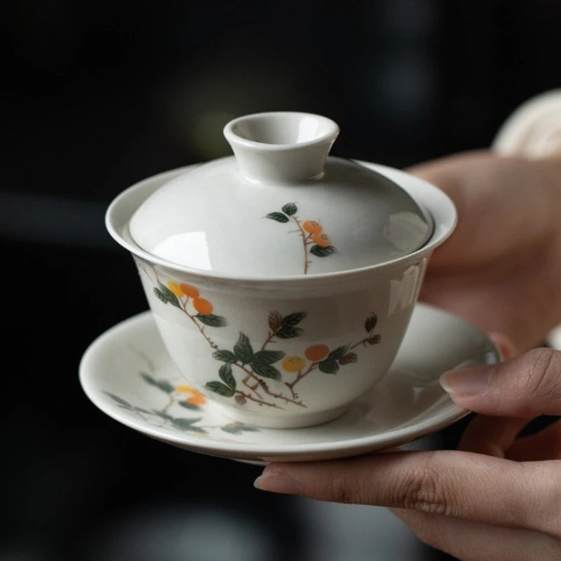 Chinese Ceramic Gaiwan Handmade Sancai Tea Tureen Teacup Hand-painted Flowers Tea Bowl Cups Porcelain Tea Set Accessories