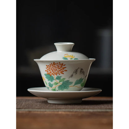 Chinese Ceramic Gaiwan Handmade Sancai Tea Tureen Teacup Hand-painted Flowers Tea Bowl Cups Porcelain Tea Set Accessories