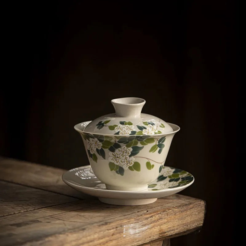 Chinese Ceramic Gaiwan Handmade Sancai Tea Tureen Teacup Hand-painted Flowers Tea Bowl Cups Porcelain Tea Set Accessories