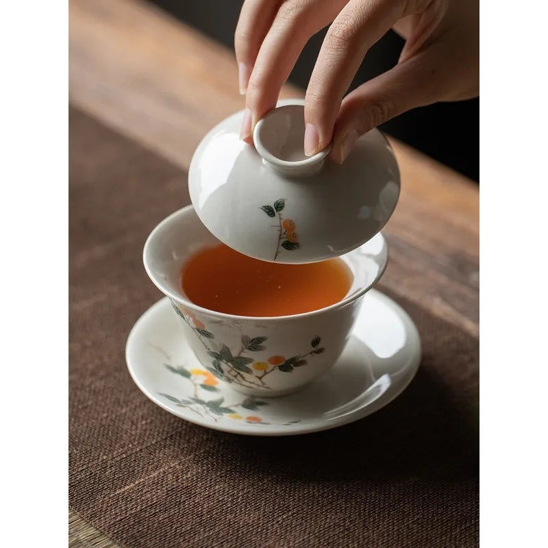 Chinese Ceramic Gaiwan Handmade Sancai Tea Tureen Teacup Hand-painted Flowers Tea Bowl Cups Porcelain Tea Set Accessories