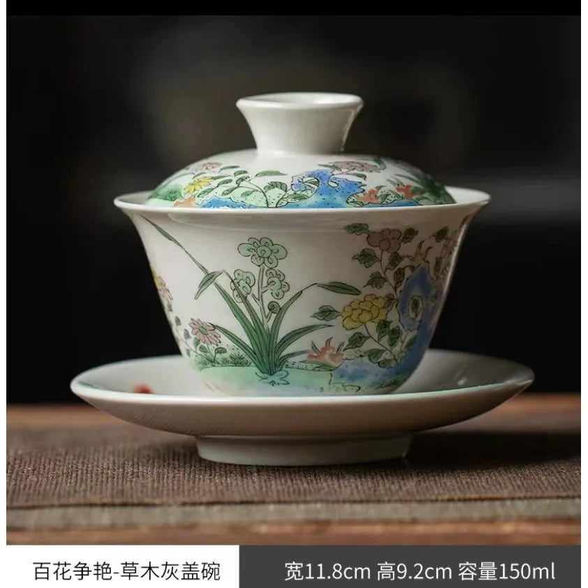Chinese Ceramic Gaiwan Handmade Sancai Tea Tureen Teacup Hand-painted Flowers Tea Bowl Cups Porcelain Tea Set Accessories