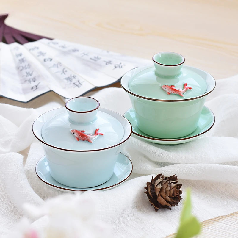 Chinese Ceramic Small Fish Gaiwan Teacup Travel Tea Bowl Handmade Celadon Teaware Accessories Drinkware Personal Cup 140ml