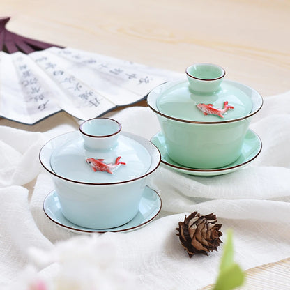Chinese Ceramic Small Fish Gaiwan Teacup Travel Tea Bowl Handmade Celadon Teaware Accessories Drinkware Personal Cup 140ml