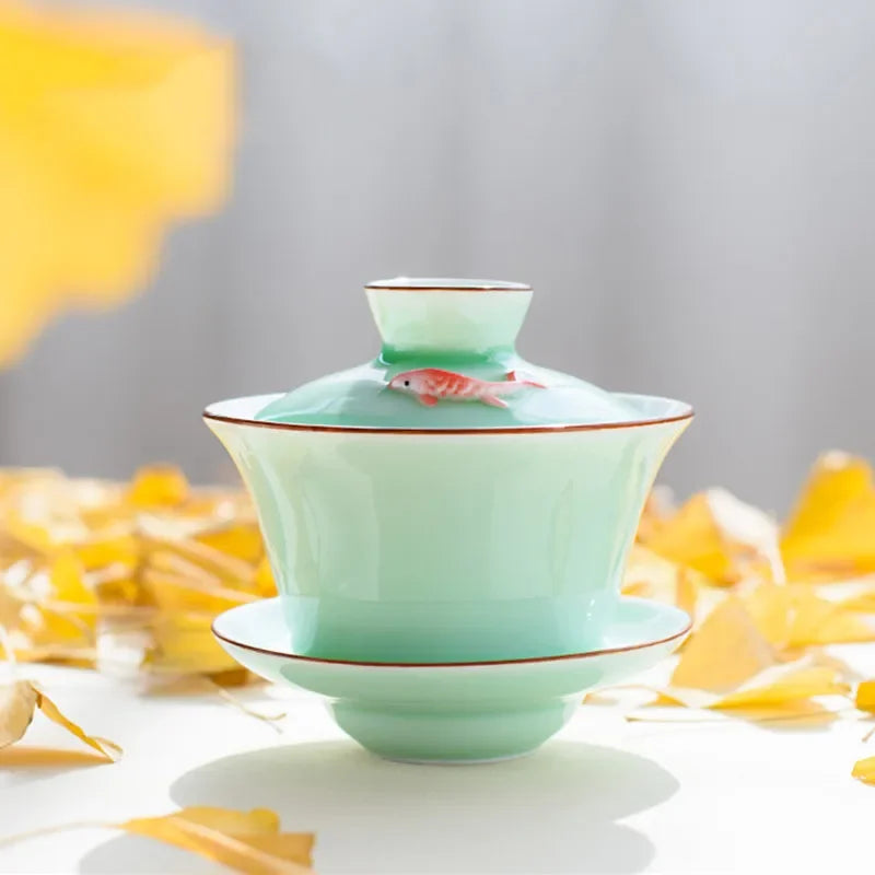 Chinese Ceramic Small Fish Gaiwan Teacup Travel Tea Bowl Handmade Celadon Teaware Accessories Drinkware Personal Cup 140ml