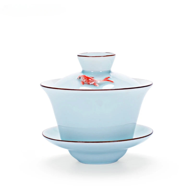 Chinese Ceramic Small Fish Gaiwan Teacup Travel Tea Bowl Handmade Celadon Teaware Accessories Drinkware Personal Cup 140ml