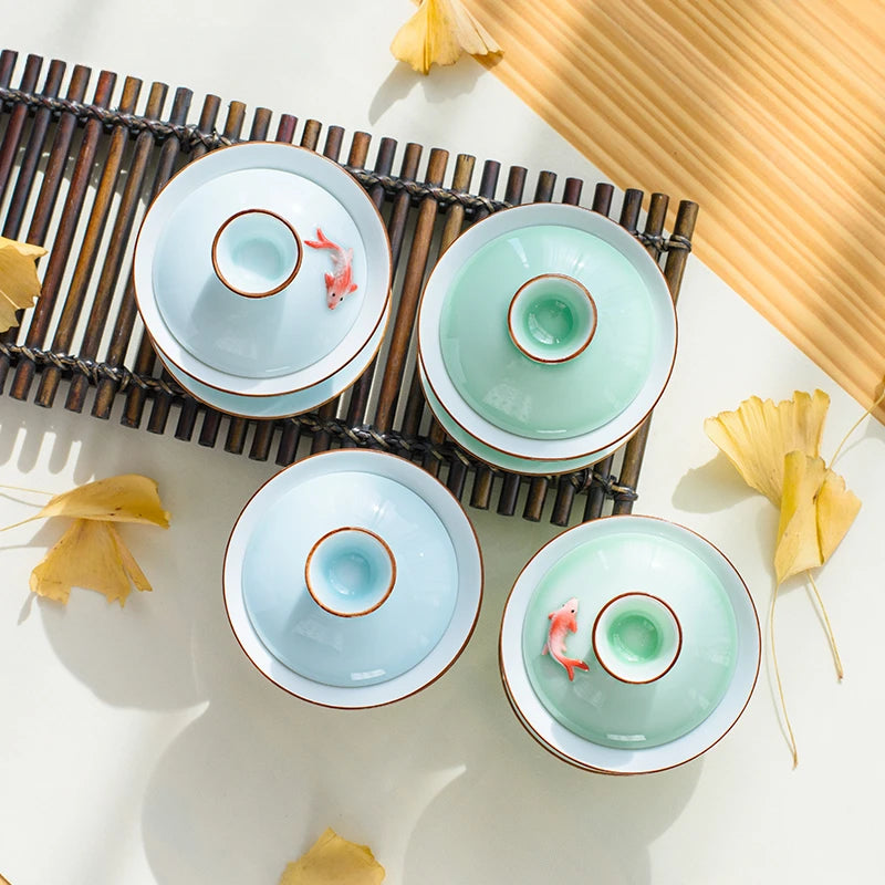 Chinese Ceramic Small Fish Gaiwan Teacup Travel Tea Bowl Handmade Celadon Teaware Accessories Drinkware Personal Cup 140ml