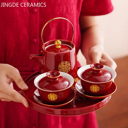 Chinese Ceramic Tea Sets Tradition Handmade Gaiwan Teapot Tea Ceremony Supplies Customized Tea Infuser Wedding Teaware Gifts