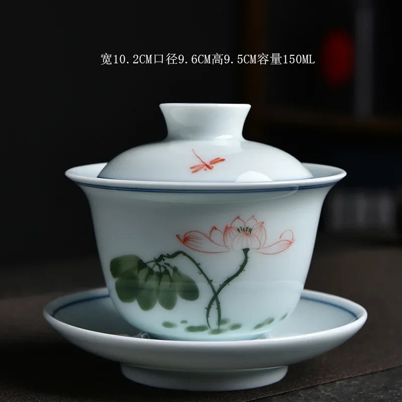 Chinese Ceramic Tea Tureen Set Hand-Painted Sancai Gaiwan Gongfu Tea Set Celadon Bamboo Tea Bowl Cups Teaware